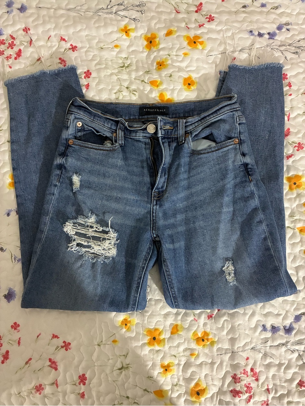 Aeropostale Women's Distressed Blue Straight-Leg Jeans